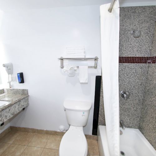 The image shows a modern bathroom with a granite countertop, a sink, a toilet, a shower with a curtain, towels on a rack, and a hairdryer on the wall.