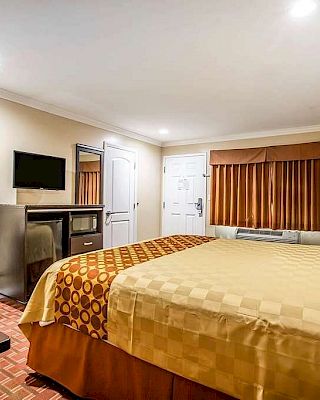 A neatly arranged hotel room with a large bed, a desk, a chair, a television mounted on the wall, and a door leading outside.